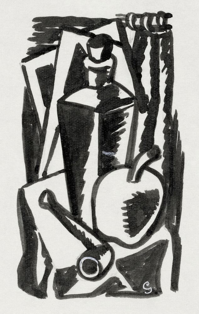 Still life with apple, pipe and bottle (ca. 1891&ndash;1941) drawing in high resolution by Leo Gestel. Original from The…