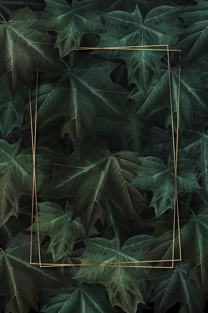 Rectangle gold frame on hand drawn green maple leaf patterned background illustration