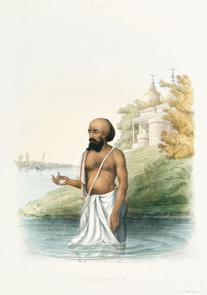 The Brahmin's first ceremony on entering the ganges from The Sundhya or the Daily Prayers of the Brahmins (1851) by Sophie…