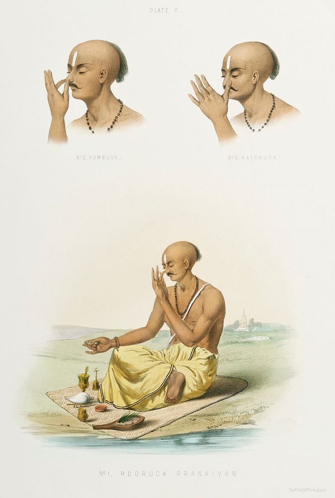 1. Pooruck Pranaiyam 2. Kumbuck 3. Raichuck from The Sundhya or the Daily Prayers of the Brahmins (1851) by Sophie Charlotte…