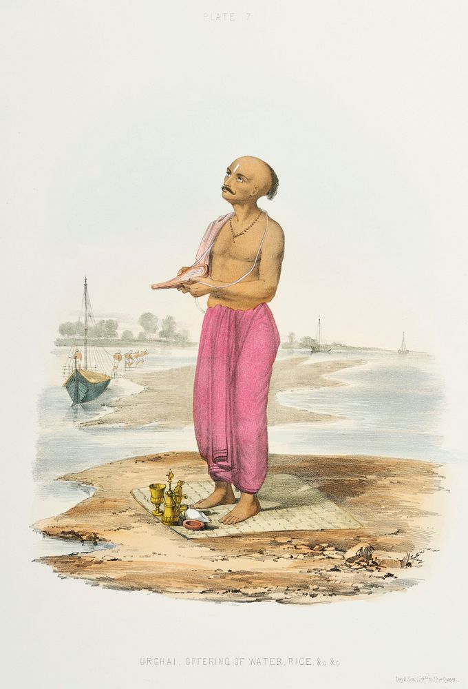 Urghai offering of water from The Sundhya or the Daily Prayers of the Brahmins (1851) by Sophie Charlotte Belnos…