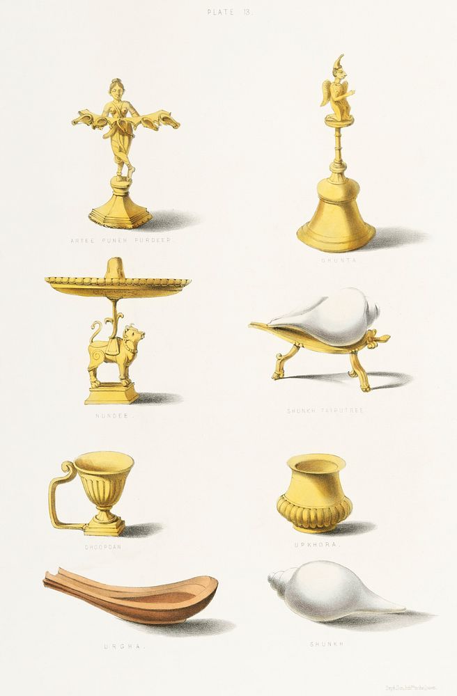 Religious Vessels from The Sundhya or the Daily Prayers of the Brahmins (1851) by Sophie Charlotte Belnos (1795&ndash;1865).