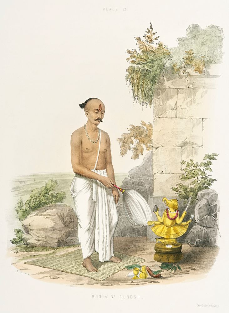 Pooja of Gunesh from The Sundhya or the Daily Prayers of the Brahmins (1851) by Sophie Charlotte Belnos (1795&ndash;1865).