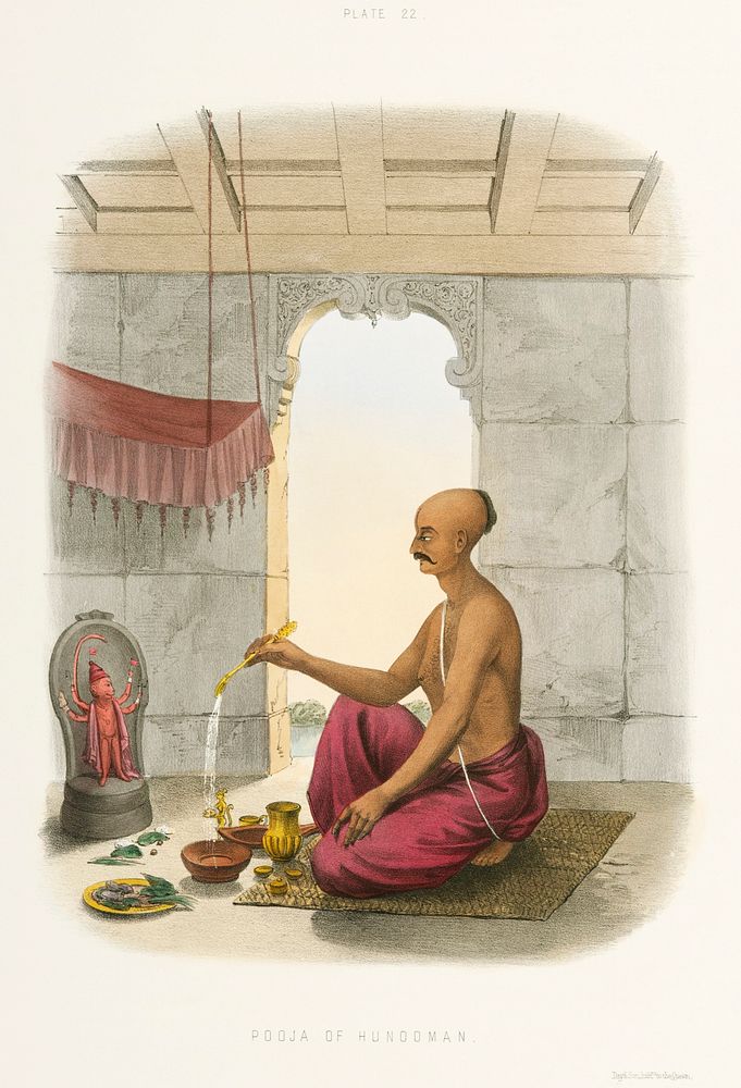 Pooja to Hunooman from The Sundhya or the Daily Prayers of the Brahmins (1851) by Sophie Charlotte Belnos (1795&ndash;1865).