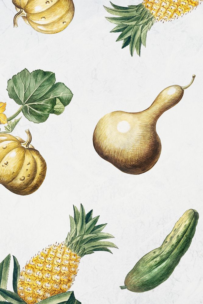 Mixed pumpkin pineapple squash and bitter gourd illustration