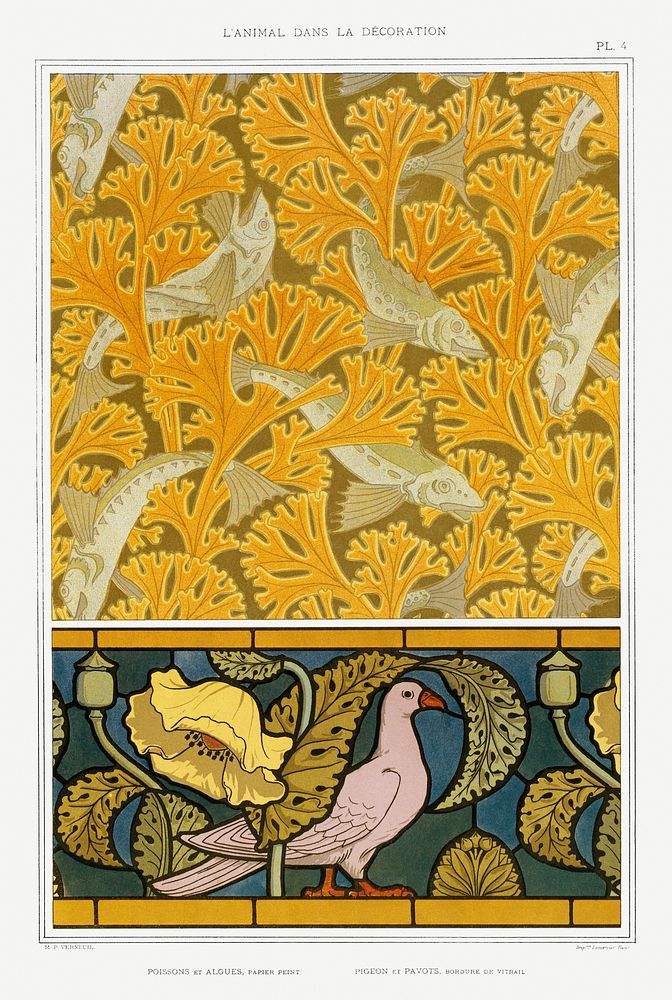 Poisson et algues, papier peint; pigeon et pavots, bordure de vitrail from L'animal dans la d&eacute;coration (1897)…