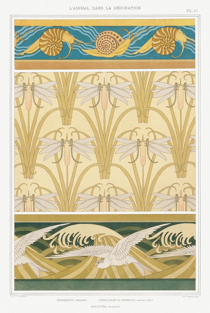 Escargots, bordure. Libellule et roseaux, papier peint. Mouettes, bordure from L'animal dans la d&eacute;coration (1897)…