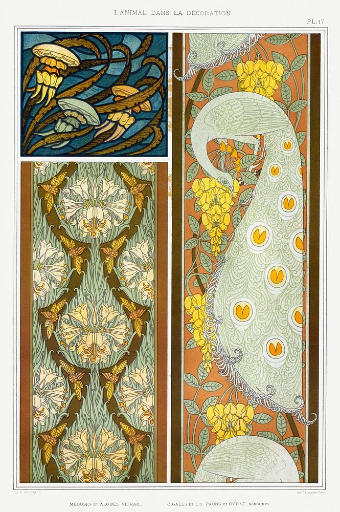 M&eacute;duses et algues, vitrail. Cigales et lis, paons et cytise, bordures from L'animal dans la d&eacute;coration (1897)…