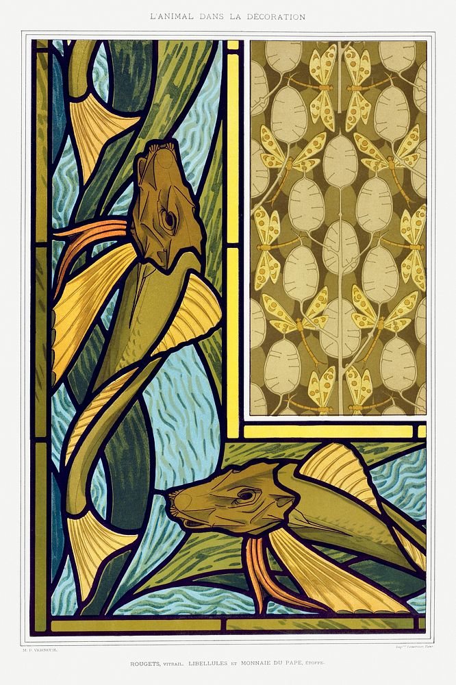 Rougets, vitrail. Libellules et monnaie du pape, &eacute;toffe from L'animal dans la d&eacute;coration (1897) illustrated by…