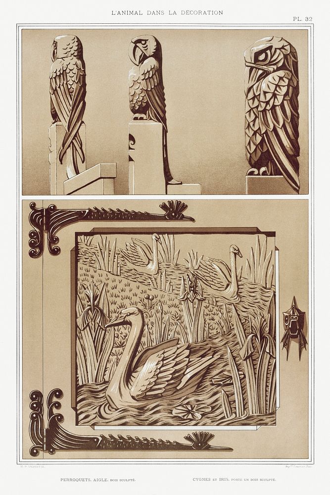 Perroquets, aigle, bois sculpt&eacute;. Cygnes et iris, porte en bois sculpt&eacute; from L'animal dans la d&eacute;coration…
