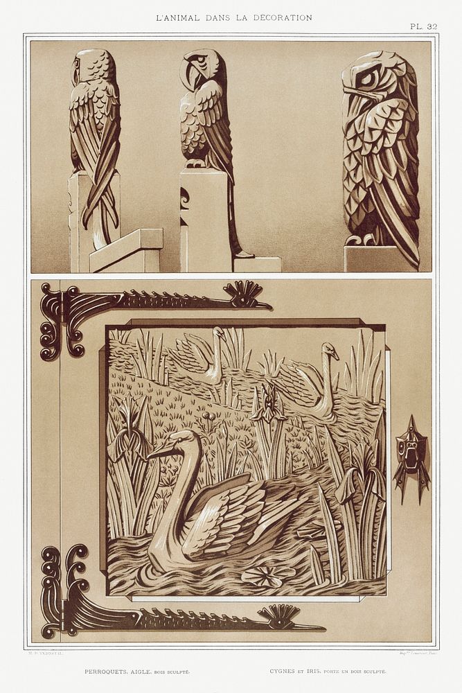 Perroquets, aigle, bois sculpté. Cygnes et iris, porte en bois sculpté from L'animal dans la décoration (1897) illustrated…