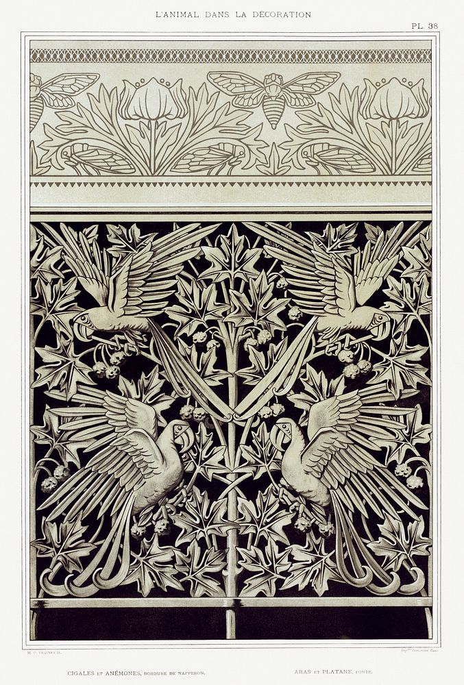 Cigales et an&eacute;mones, bordure de napperon. Aras et platane, fonte from L'animal dans la d&eacute;coration (1897)…