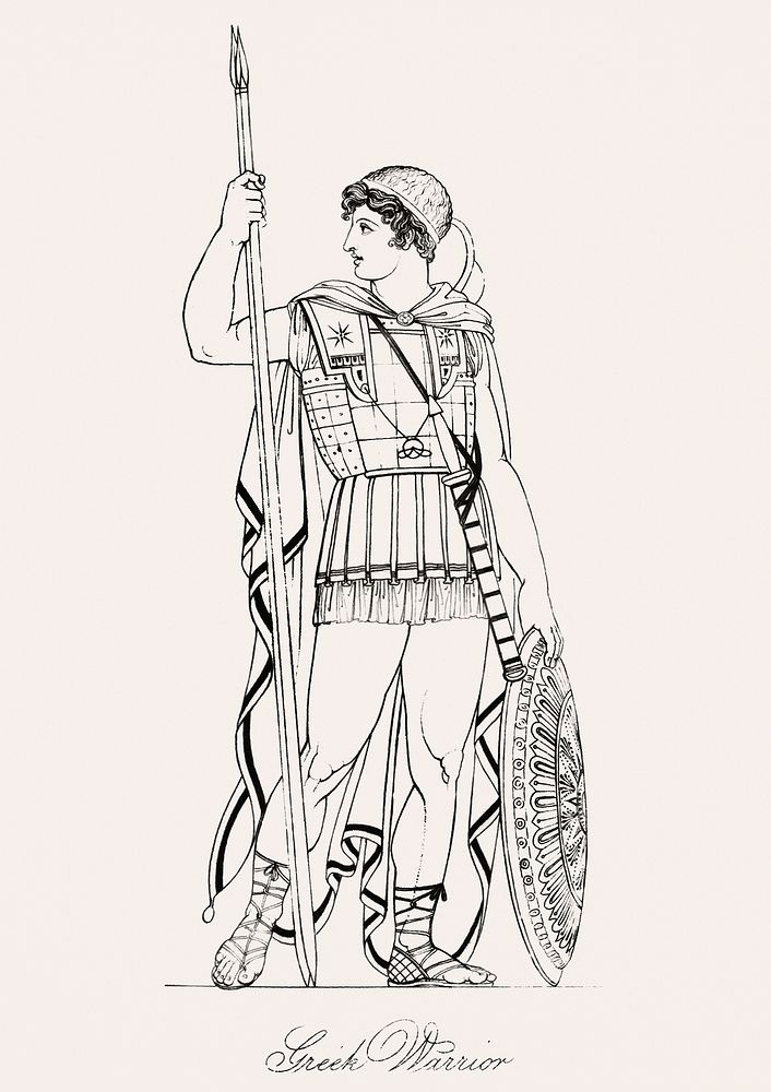 Greek warrior from An illustration of the Egyptian, Grecian and Roman costumes by Thomas Baxter (1782&ndash;1821).Digitally…