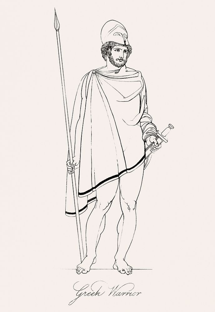 Greek warrior from An illustration of the Egyptian, Grecian and Roman costumes by Thomas Baxter (1782&ndash;1821).Digitally…