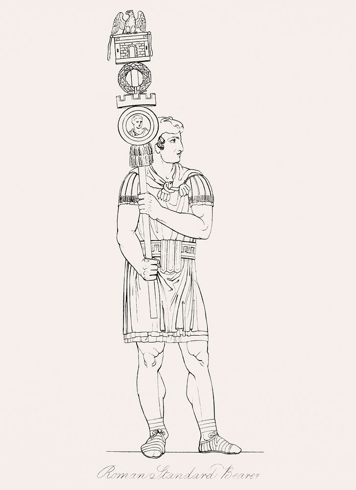 Roman standard bearer from An illustration of the Egyptian, Grecian and Roman costumes by Thomas Baxter (1782&ndash;1821).…