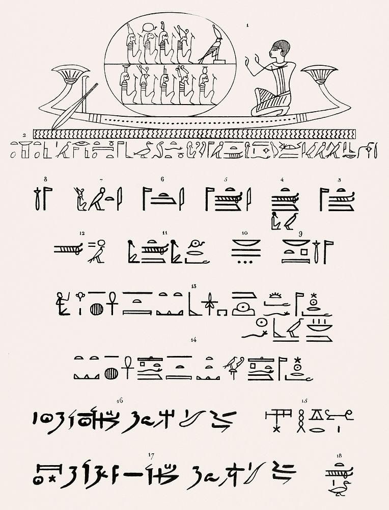 Atum, Hieroglyphics text illustration from Pantheon Egyptien (1823-1825) by Leon Jean Joseph Dubois (1780-1846). Digitally…