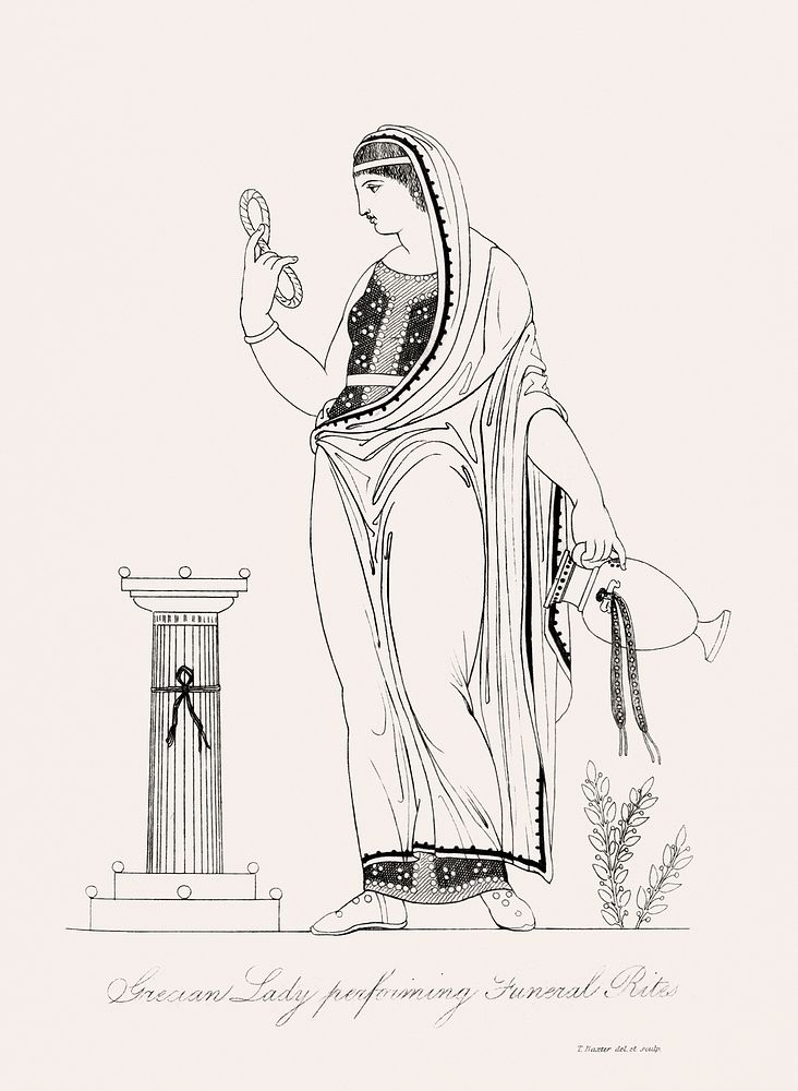 Grecian lady performing funeral rites from An illustration of the Egyptian, Grecian and Roman costumes by Thomas Baxter…
