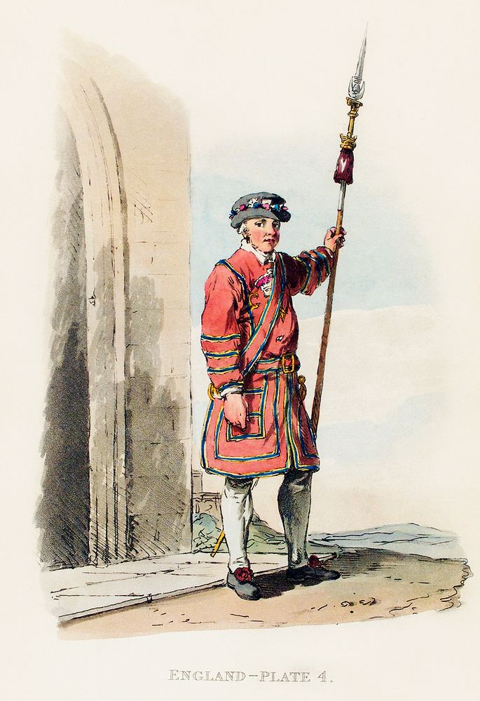 Illustration of the Yeoman of the guard from Picturesque Representations of the Dress and Manners of the English(1814) by…