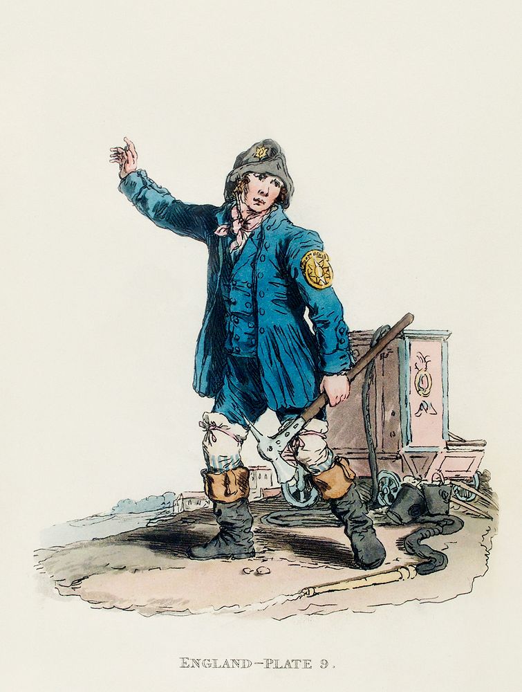 Illustration of a fireman from Picturesque Representations of the Dress and Manners of the English(1814) by William…