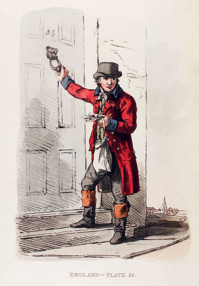 Illustration of postman from Picturesque Representations of the Dress and Manners of the English(1814) by William Alexander…