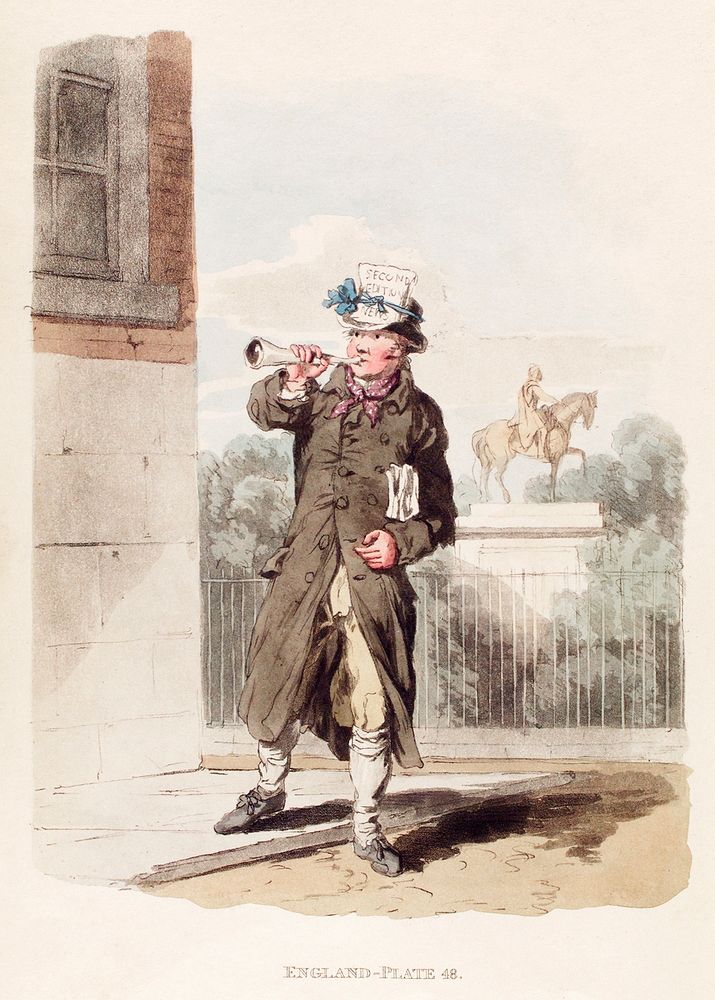 Illustration of a newsman from Picturesque Representations of the Dress and Manners of the English(1814) by William…