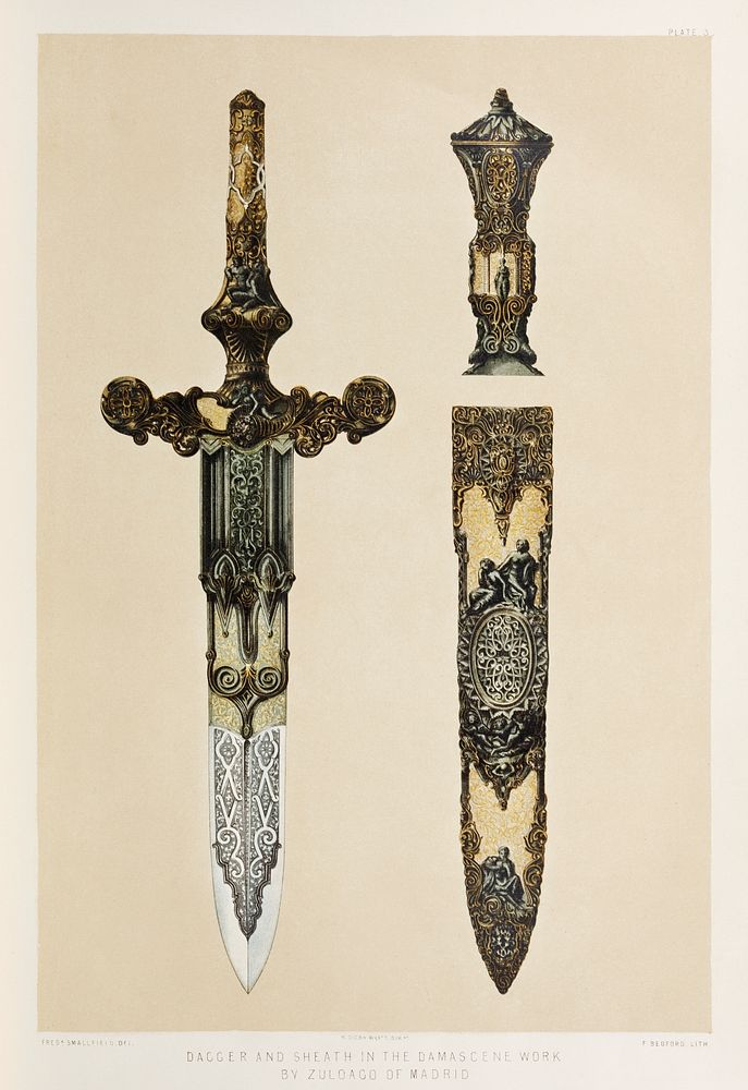 Dagger and sheath in the Damascene work by Zuloago of Madrid from the Industrial arts of the Nineteenth Century (1851-1853)…