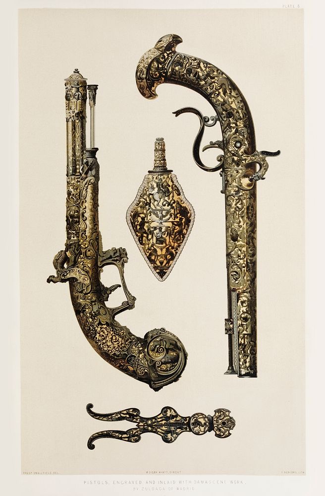 Pistols engraved and inlaid with Damascene work by Zuloaga of Madrid from the Industrial arts of the Nineteenth Century…