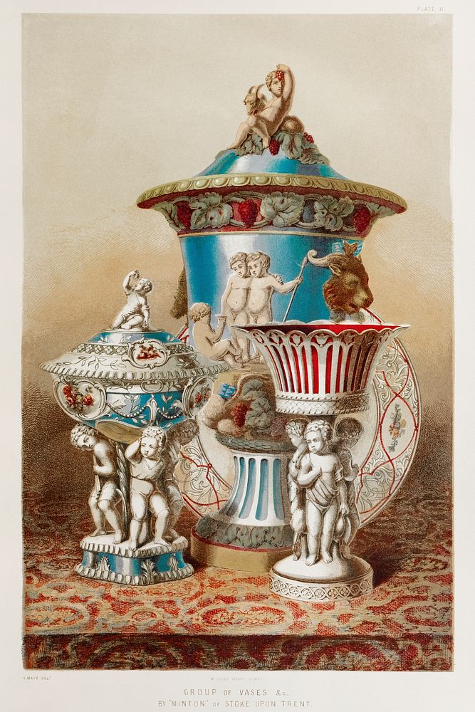 Group of vases & c. by "Minton" of Stoke upon Trent from the Industrial arts of the Nineteenth Century (1851-1853) by Sir…