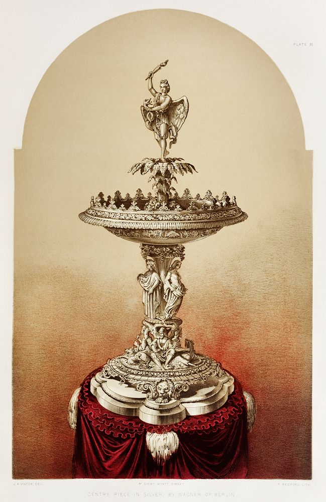 Centre piece in silver from the Industrial arts of the Nineteenth Century (1851-1853) by Sir Matthew Digby wyatt (1820-1877).
