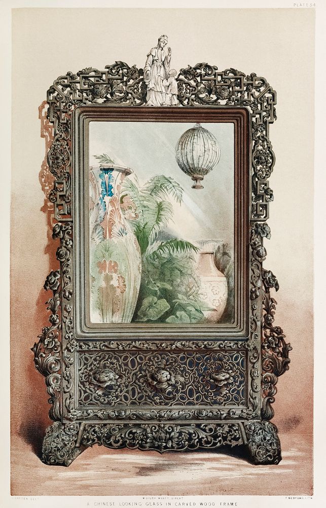 Chinese looking glass in carved wood frame from the Industrial arts of the Nineteenth Century (1851-1853) by Sir Matthew…
