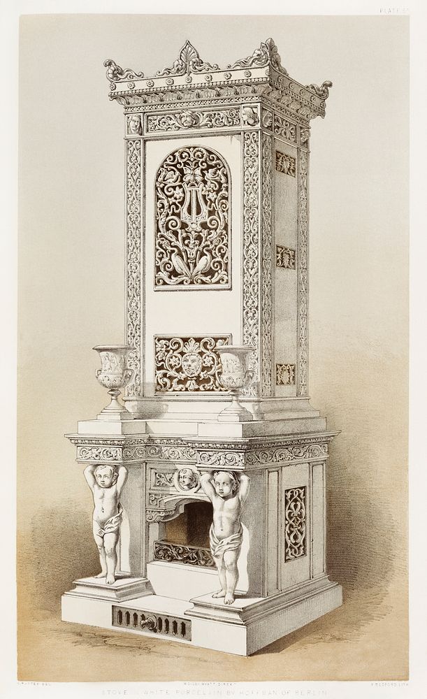 Stove in white porcelain from the Industrial arts of the Nineteenth Century (1851-1853) by Sir Matthew Digby wyatt (1820…
