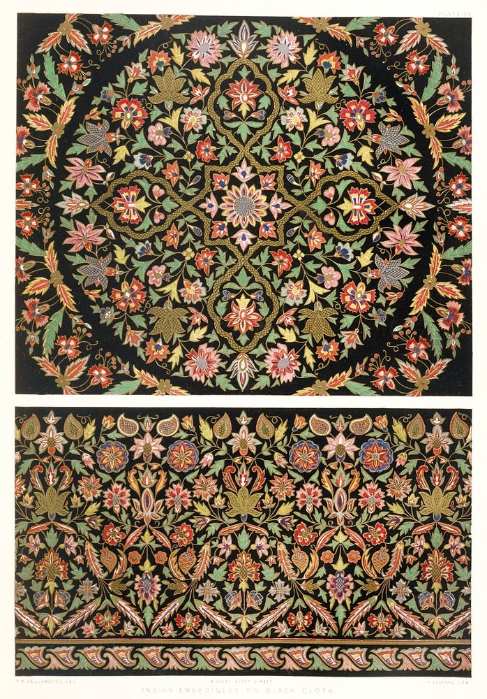 Indian embroidery on black cloth from the Industrial arts of the Nineteenth Century (1851-1853) by Sir Matthew Digby wyatt…