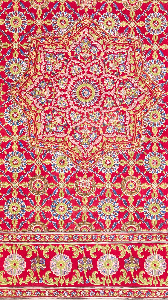 Vintage pattern phone wallpaper, red decorative background. Remixed from public domain artwork by Sir Matthew Digby Wyatt.