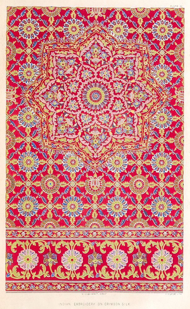 Indian embroidery on crimson silk from the Industrial arts of the Nineteenth Century (1851-1853) by Sir Matthew Digby wyatt…
