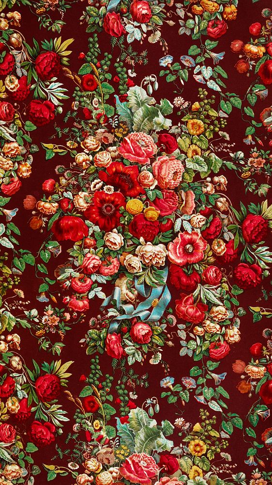 Vintage flowers phone wallpaper, red decorative background. Remixed from public domain artwork by Sir Matthew Digby Wyatt.