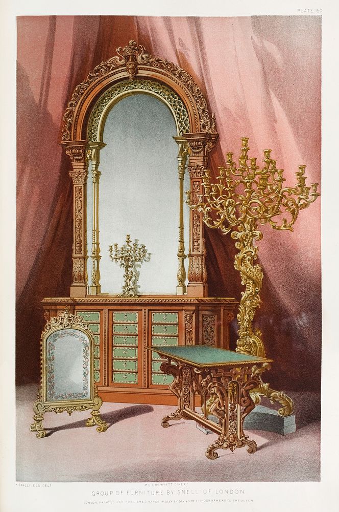 Group of furniture from the Industrial arts of the Nineteenth Century (1851-1853) by Sir Matthew Digby wyatt (1820-1877).