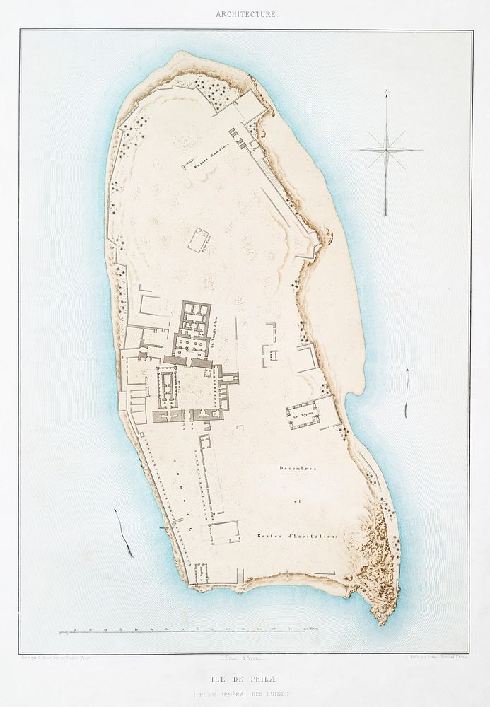 Philae Island (general plan of the ruins) from Histoire de l'art &eacute;gyptien (1878) by &Eacute;mile Prisse d'Avennes.…
