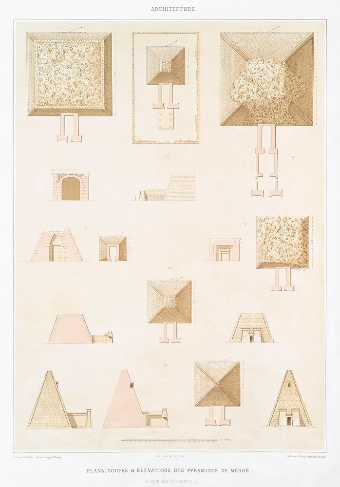 The Pyramids of Meroe (Plans, sections and elevations) from Histoire de l'art &eacute;gyptien (1878) by &Eacute;mile Prisse…