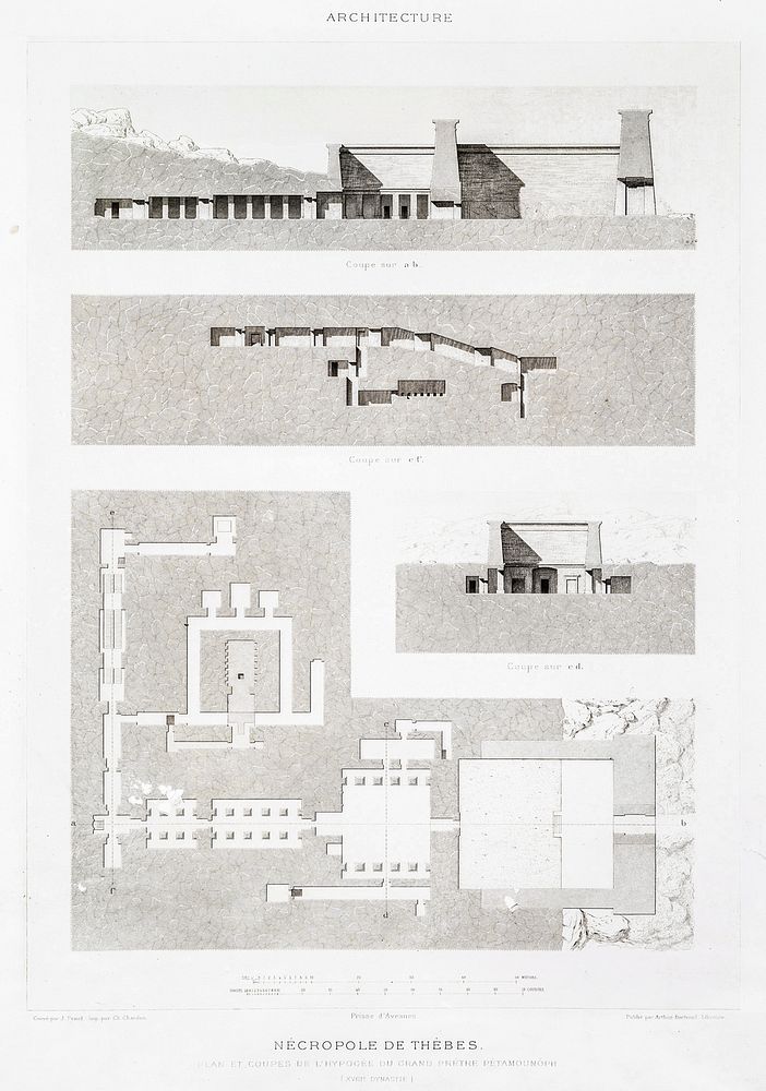 Theban Necropolis (Plan and sections) from Histoire de l'art &eacute;gyptien (1878) by &Eacute;mile Prisse d'Avennes.…