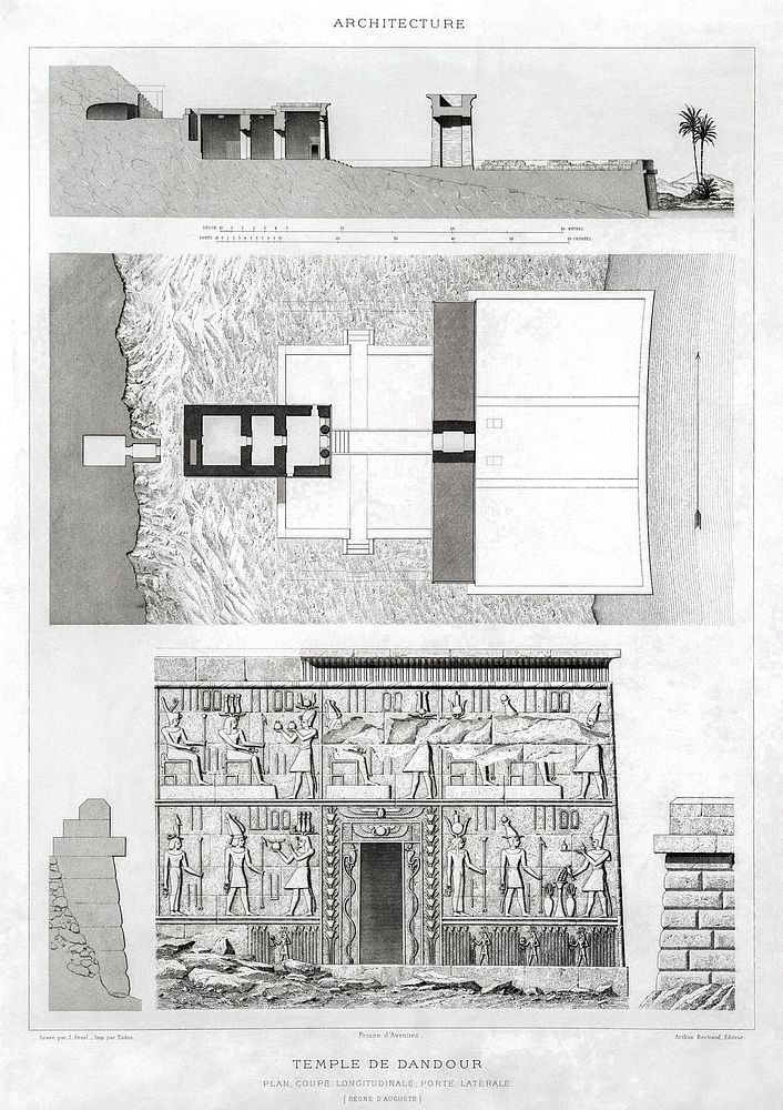 Temple of Dendur (Plan, longitudinal section, side door) from Histoire de l'art &eacute;gyptien (1878) by &Eacute;mile…