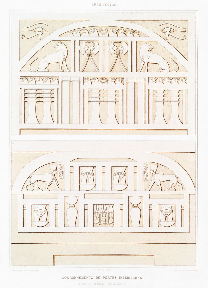 Coronations of interior doors (Thebes & Sedeinga) from Histoire de l'art &eacute;gyptien (1878) by &Eacute;mile Prisse…