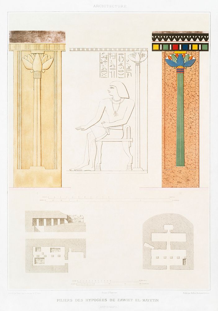 Pillars of hypogea in Zawyet el-Maiyitin from Histoire de l'art &eacute;gyptien (1878) by &Eacute;mile Prisse d'Avennes.…