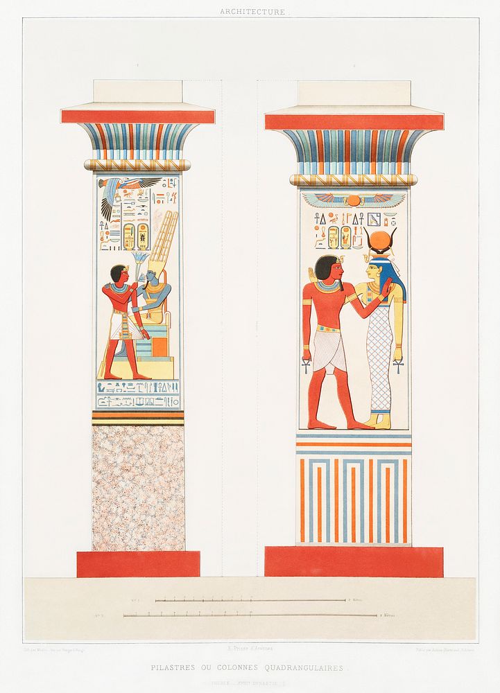 Pilasters or quadrangular columns from Histoire de l'art &eacute;gyptien (1878) by &Eacute;mile Prisse d'Avennes. Original…