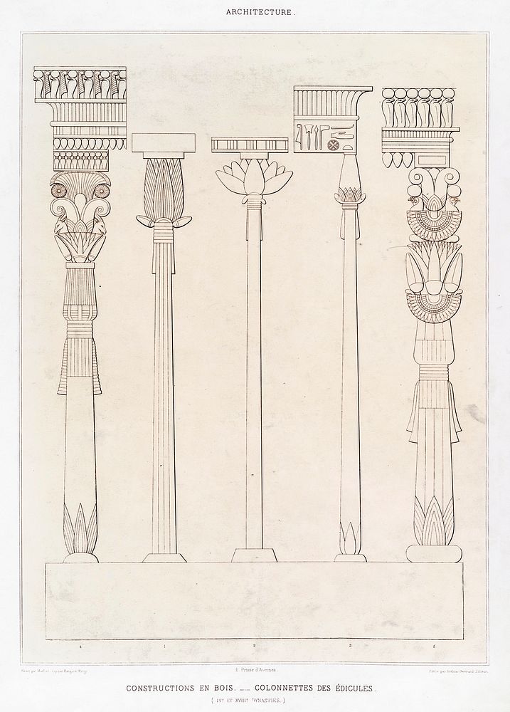 Wooden constructions - Columns and aedicules from Histoire de l'art &eacute;gyptien (1878) by &Eacute;mile Prisse d'Avennes.…