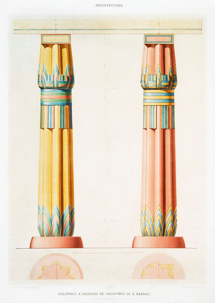Beam columns of Thutmes III, in Karnac from Histoire de l'art &eacute;gyptien (1878) by &Eacute;mile Prisse d'Avennes.…