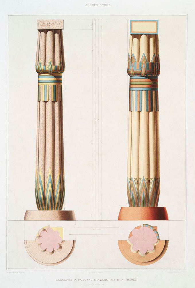Beam columns of Amenhotep III, at Thebes from Histoire de l'art &eacute;gyptien (1878) by &Eacute;mile Prisse d'Avennes.…