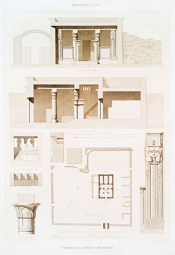 Deir el-Medina Temple (plan, sections and details) from Histoire de l'art &eacute;gyptien (1878) by &Eacute;mile Prisse…