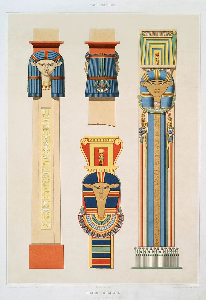Isis pillars from Histoire de l'art &eacute;gyptien (1878) by &Eacute;mile Prisse d'Avennes. Original from The New York…