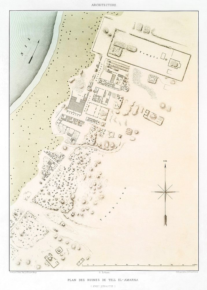 Plan of the ruins of Tell el-Amarna from Histoire de l'art &eacute;gyptien (1878) by &Eacute;mile Prisse d'Avennes. Original…