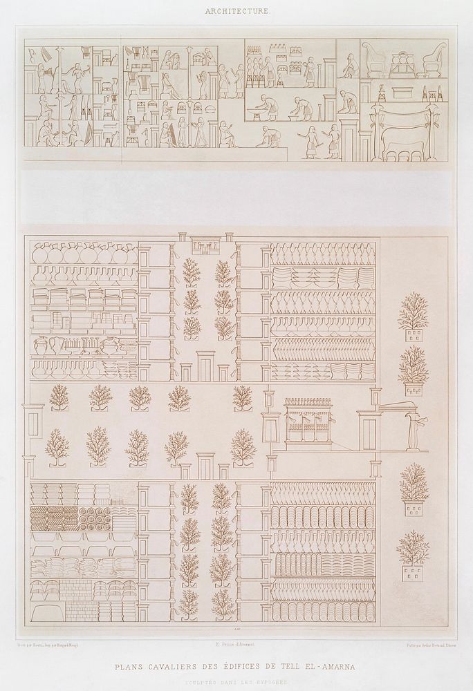 Rider plan of Tell el-Amarna buildings from Histoire de l'art &eacute;gyptien (1878) by &Eacute;mile Prisse d'Avennes.…